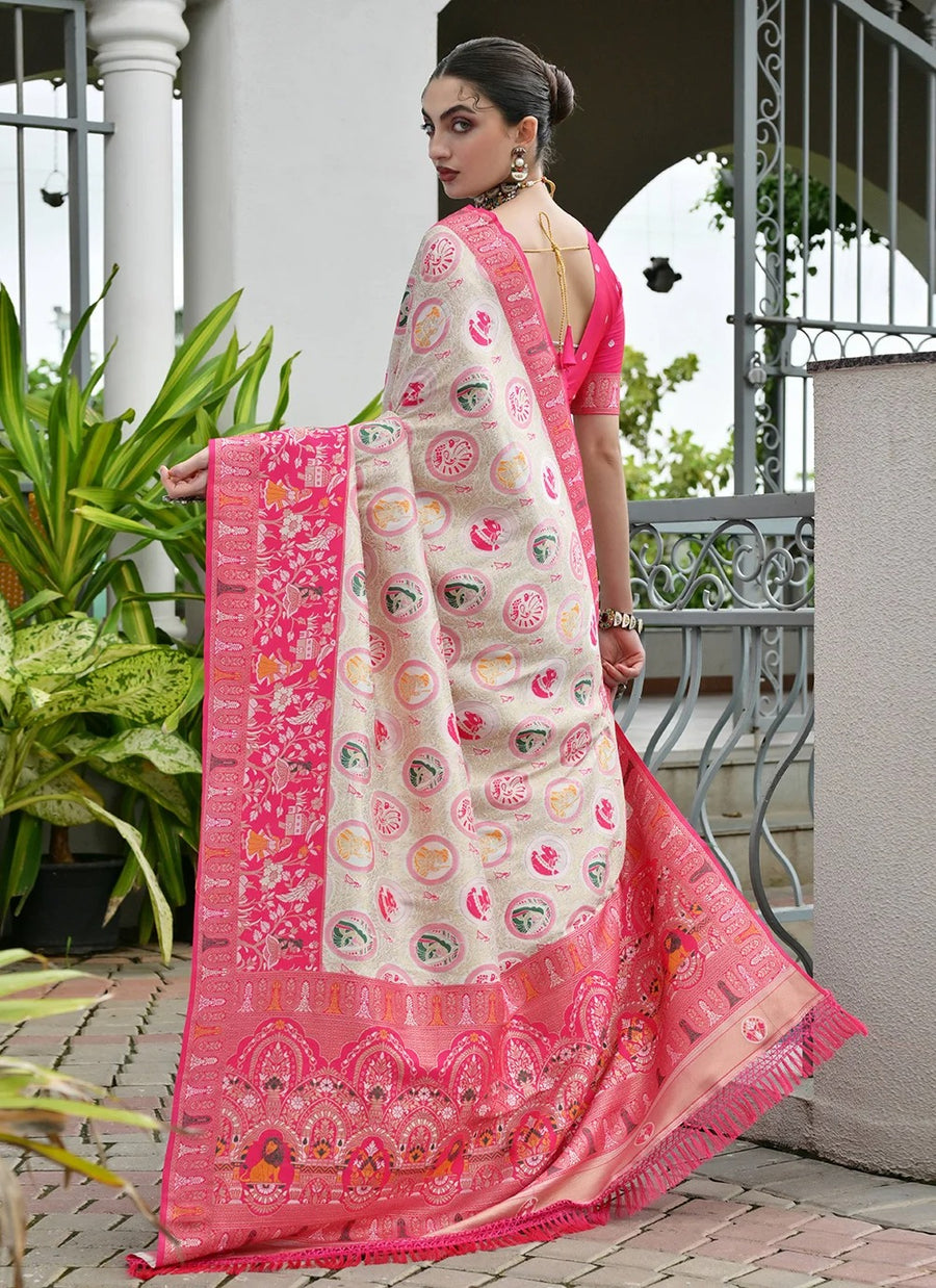 Traditional pink silk saree with Meena weaving
