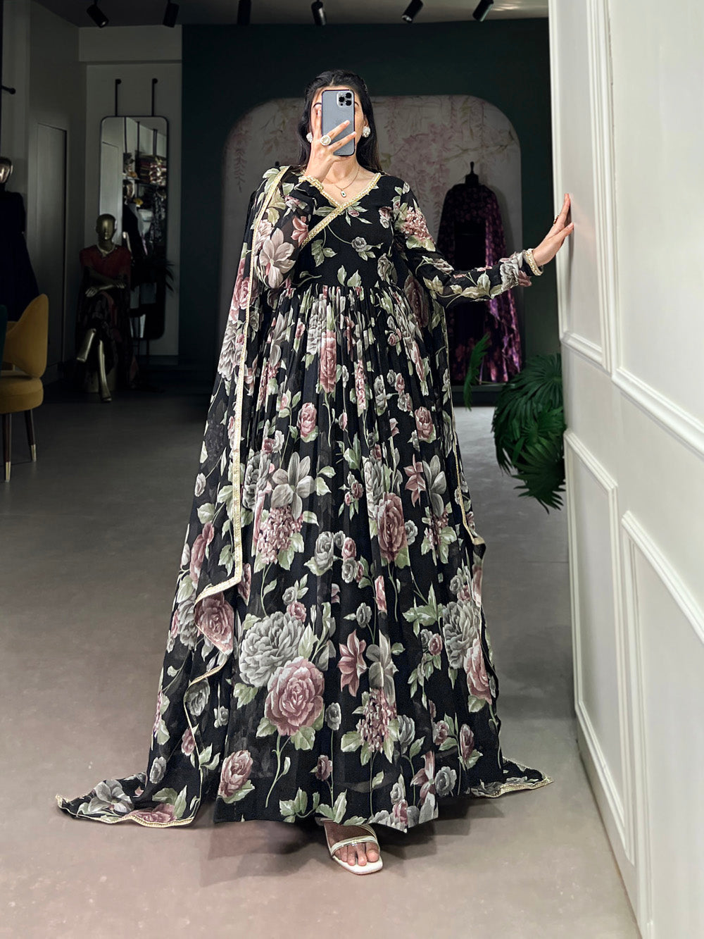 Black Color Floral Print With Lace Border Marbel Gown
