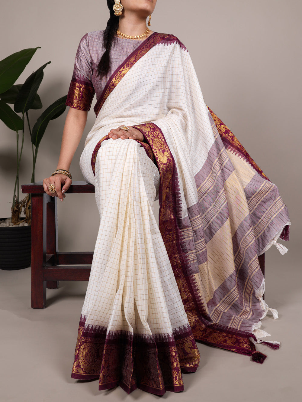 Brown poly cotton chex saree