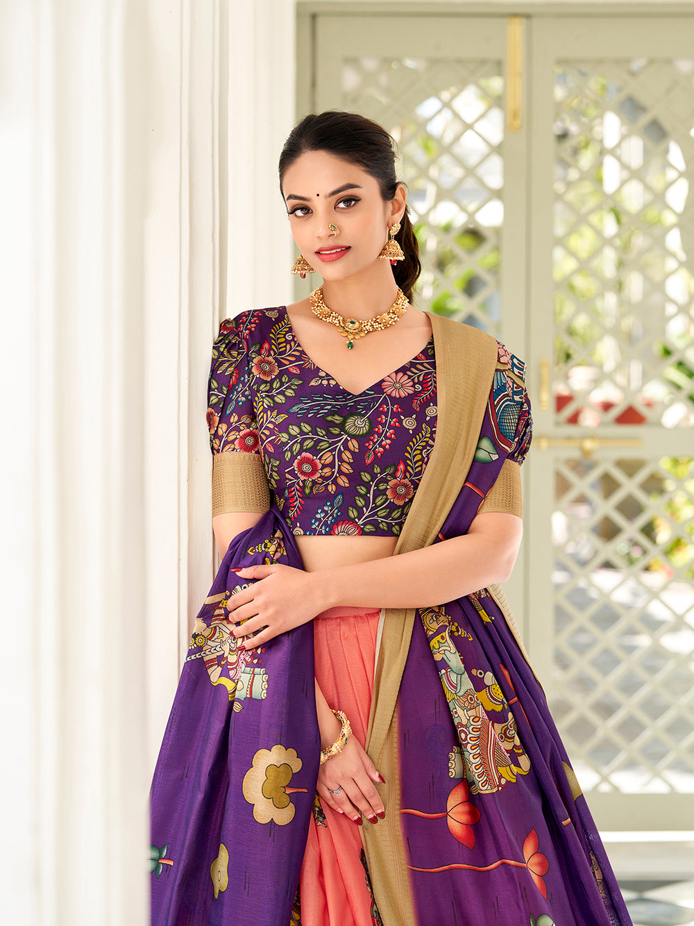 Dola silk unstitched blouse fabric with lehenga