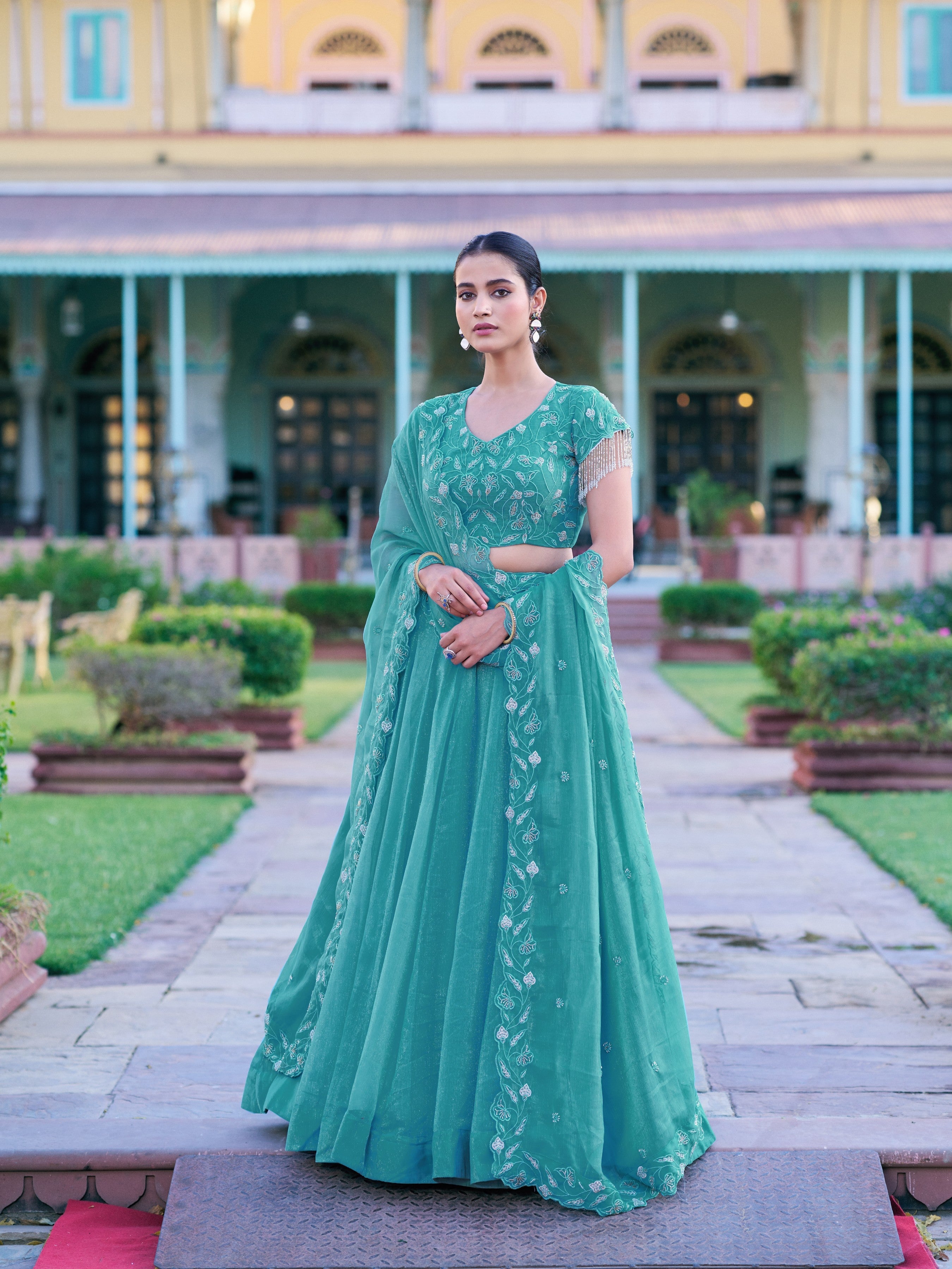 Sky Blue Color Gold Coin Embroidery Lehenga Choli