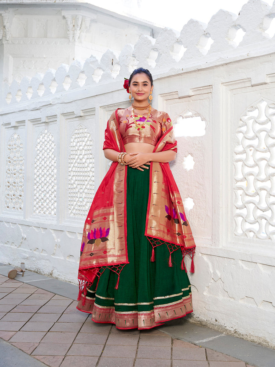 Green Color Plain With Paithani Lace Border Vichitra Silk Lehenga  Choli