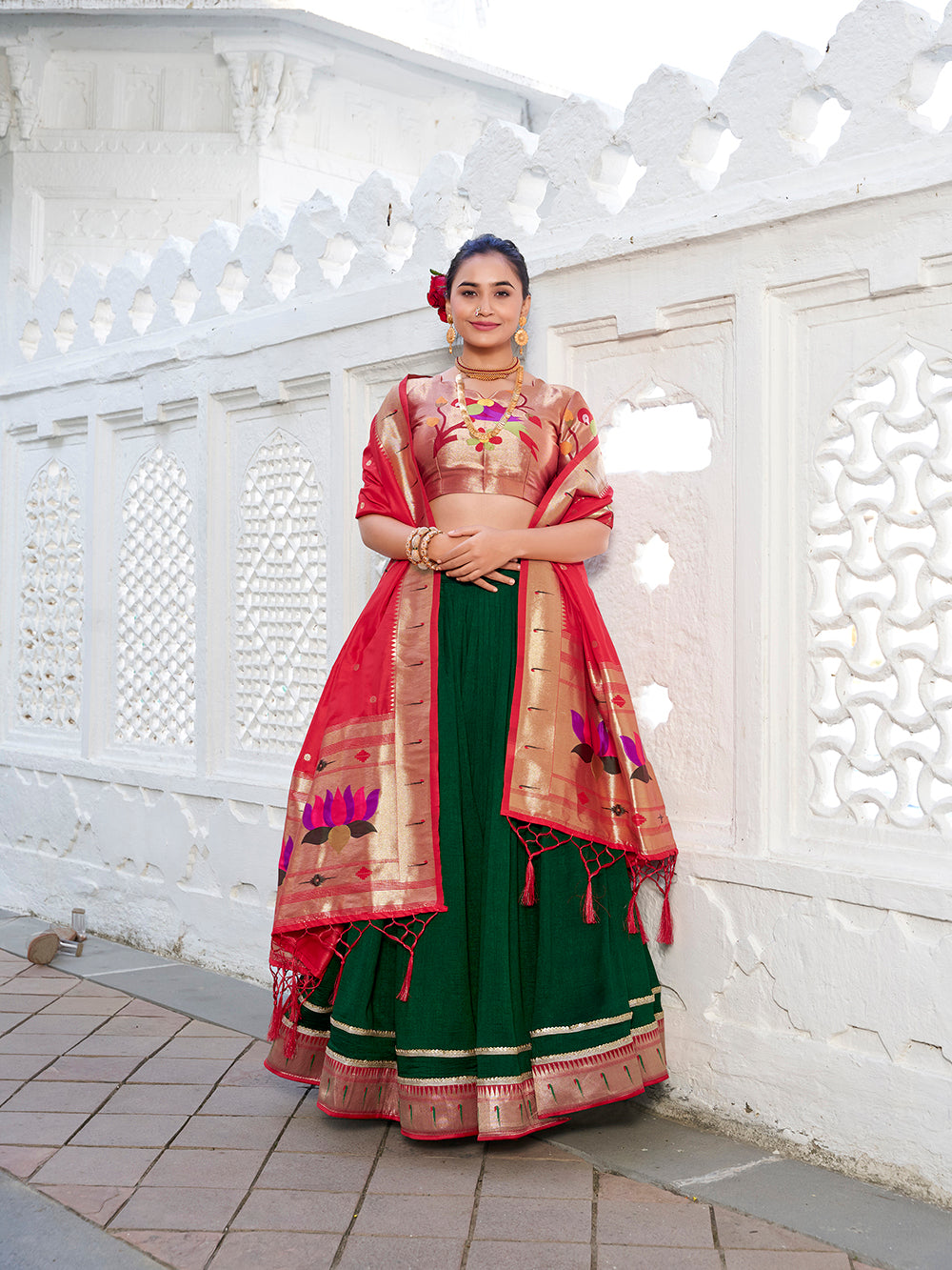 Green Color Plain With Paithani Lace Border Vichitra Silk Lehenga  Choli