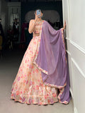 Peach Color Tussar Silk Floral Print With Handwork Lehenga Choli
