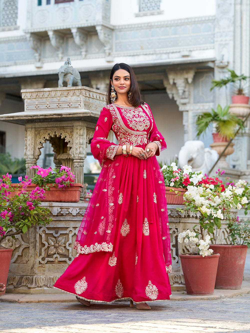 Pink Color Sequins And Thread Embroidery Work With Lace Border Vichitra Silk Gown
