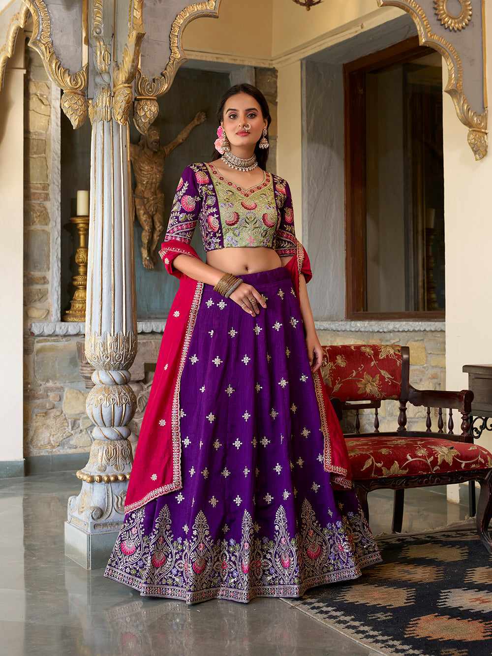 Purple Color Sequins And Thread Embroidery Work Vichitra Silk Lehenga Choli