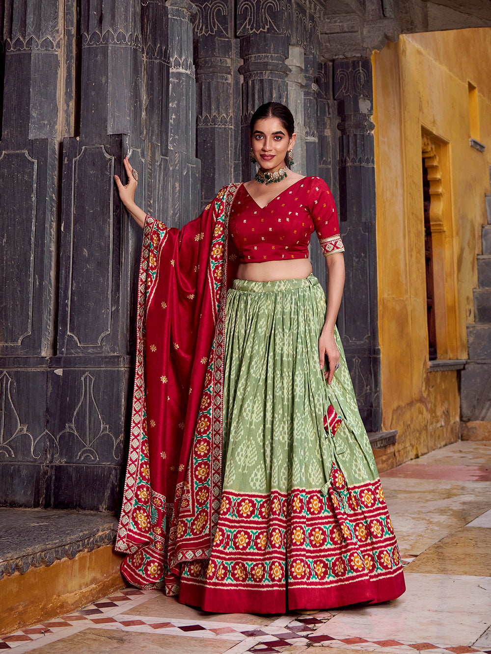 Sea green ikat patola print lehenga choli set