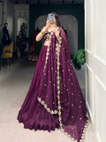 Wine Color Plain With Organza Lehenga Choli