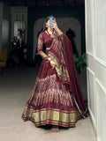 Elegant Maroon Lagdi Patta Gaji Silk Navratri Lehenga Choli With Dupatta