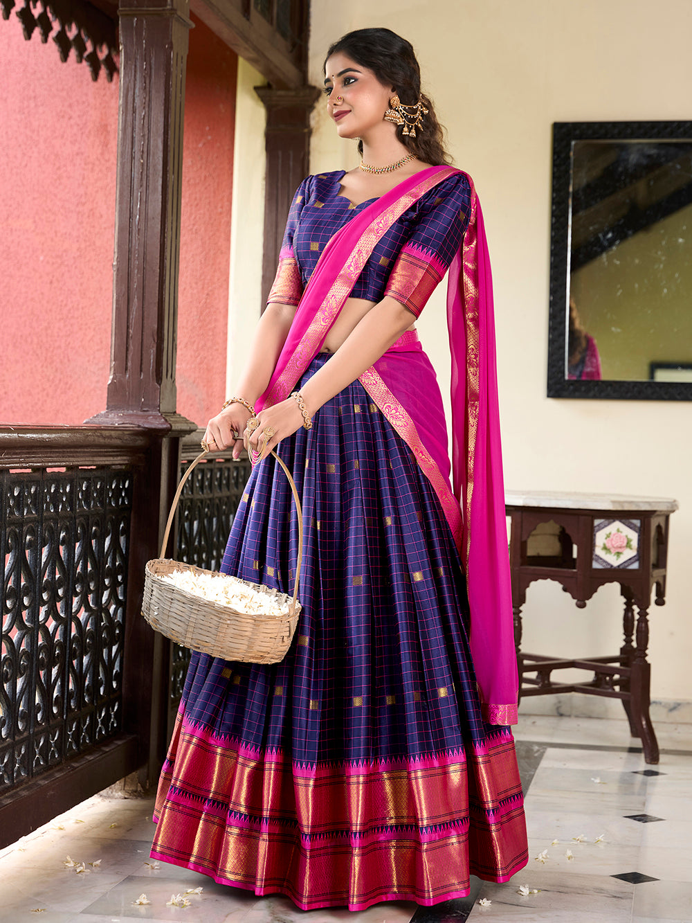 Navy Blue Color Weaving Work With Paithani Concept Cotton Silk Lehenga Choli