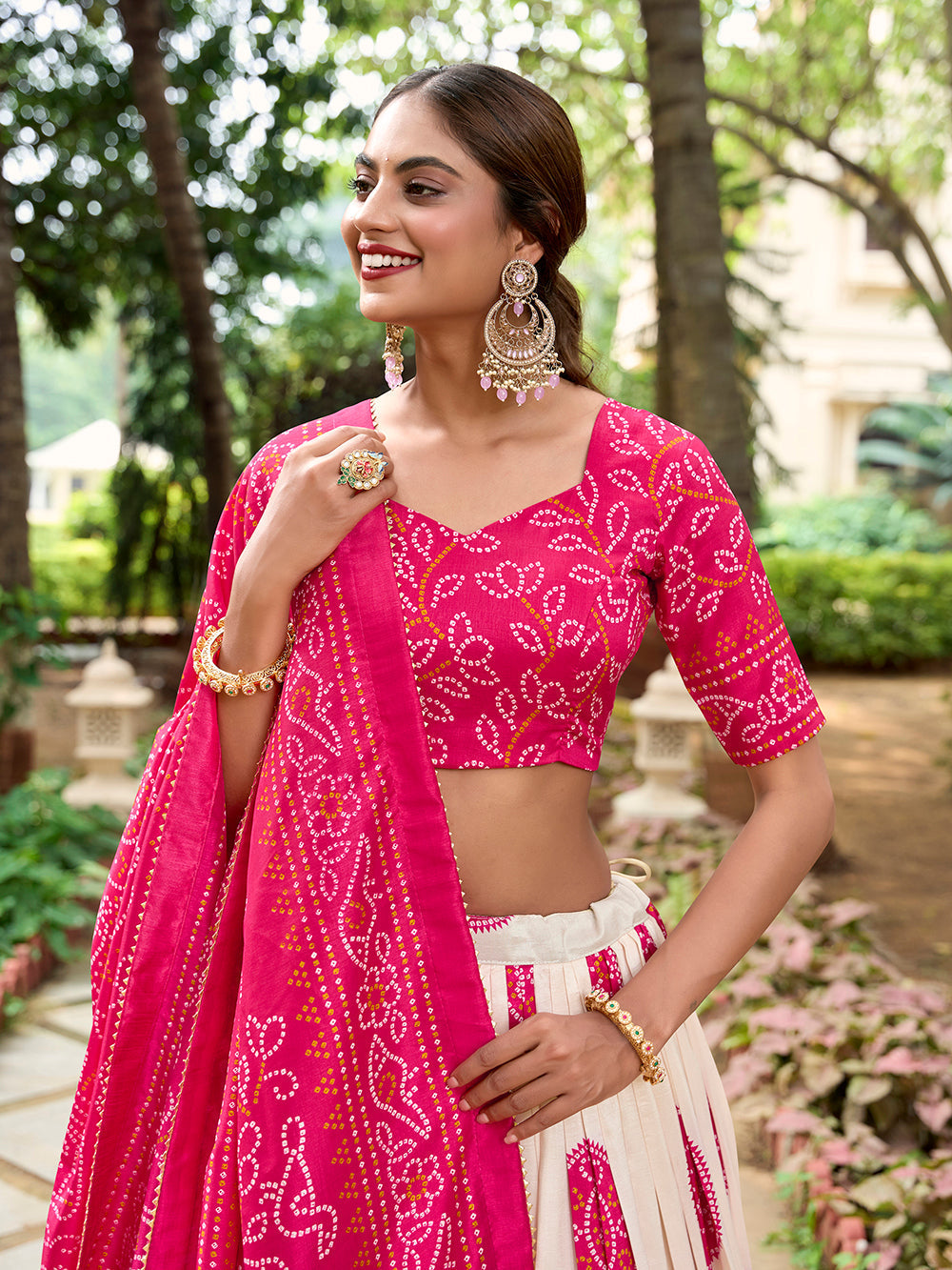 Pink Color Bandhej Printed Tussar Silk Indian Lehenga Choli