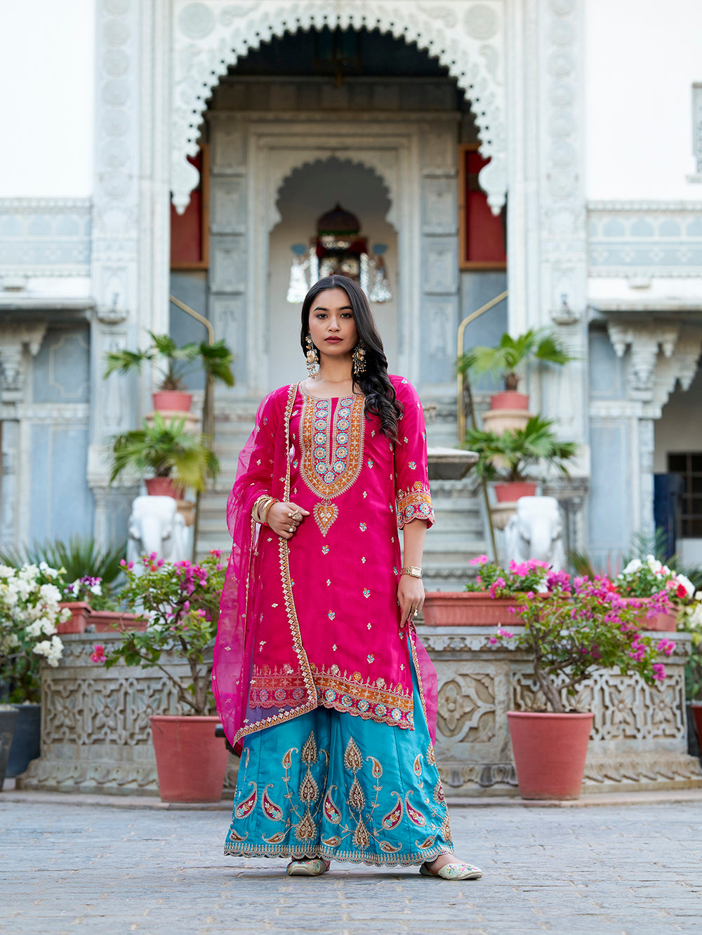 Pink Color Sequins And Thread Embroidery Work Moonga Silk Dress