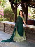 Pista Color Sequins And Embroidery Work With Hotfix Silver Glossy Lehenga Choli