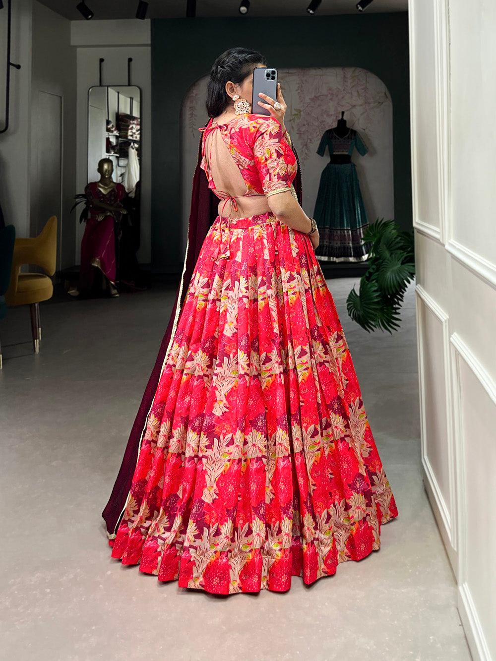 Red Color Printed With Tussar Silk Lehenga Choli