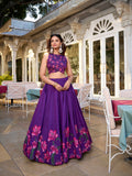 Purple Color Floral Print With Foil Work Tussar Silk Lehenga Choli