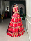 Red Color Printed With Tussar Silk Lehenga Choli