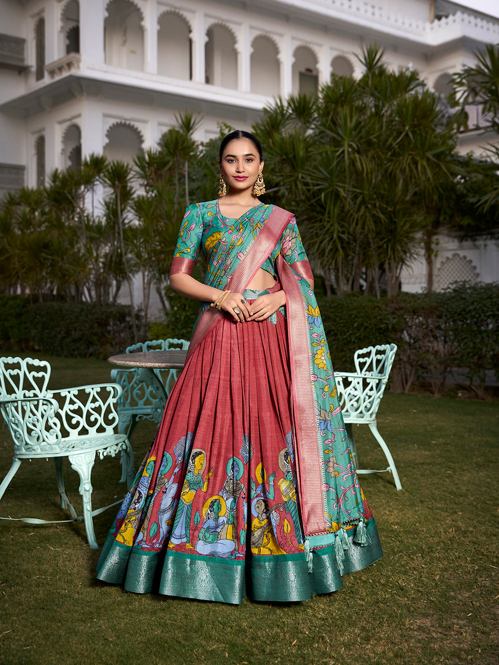 Salmon Color Printed (Kalamkari) With Zari Weaving Border Dola Silk Lehenga Choli