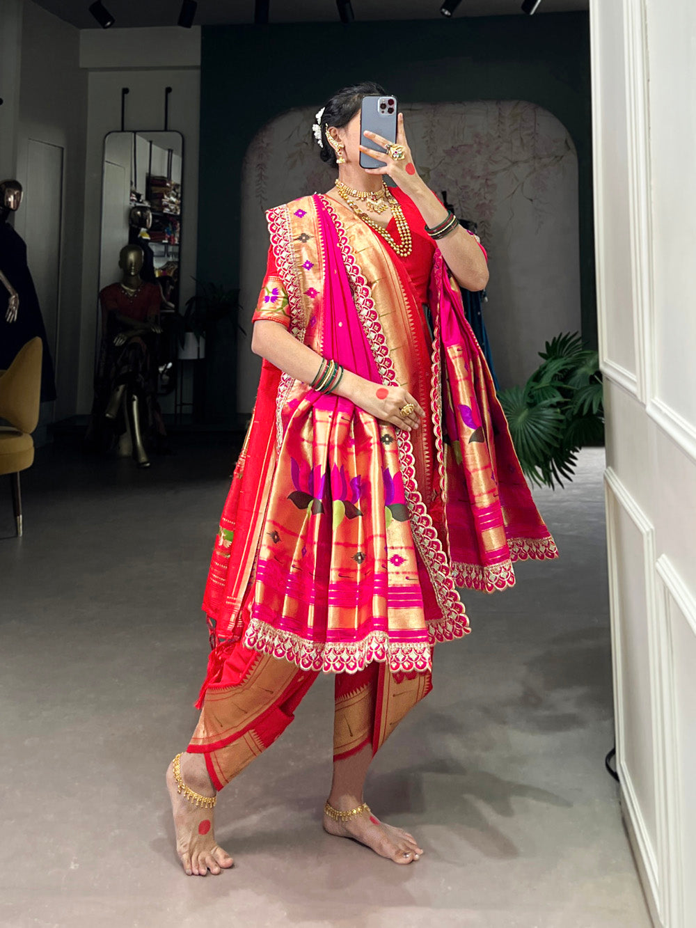 Red jacquard silk saree for weddings and festivals