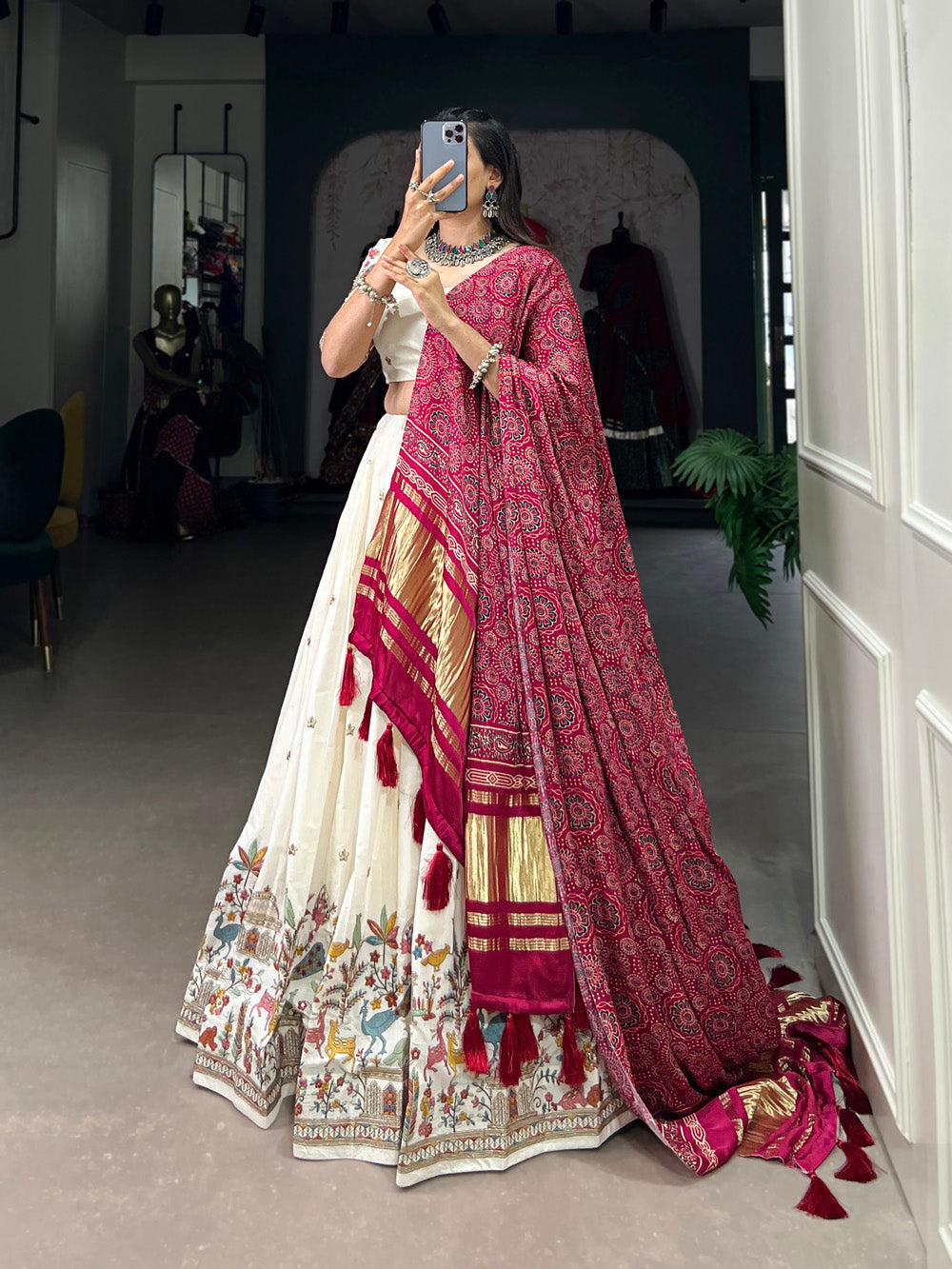 Temple Design Sequins And Thread Embroidery Work Khadi Cotton Chaniya Choli