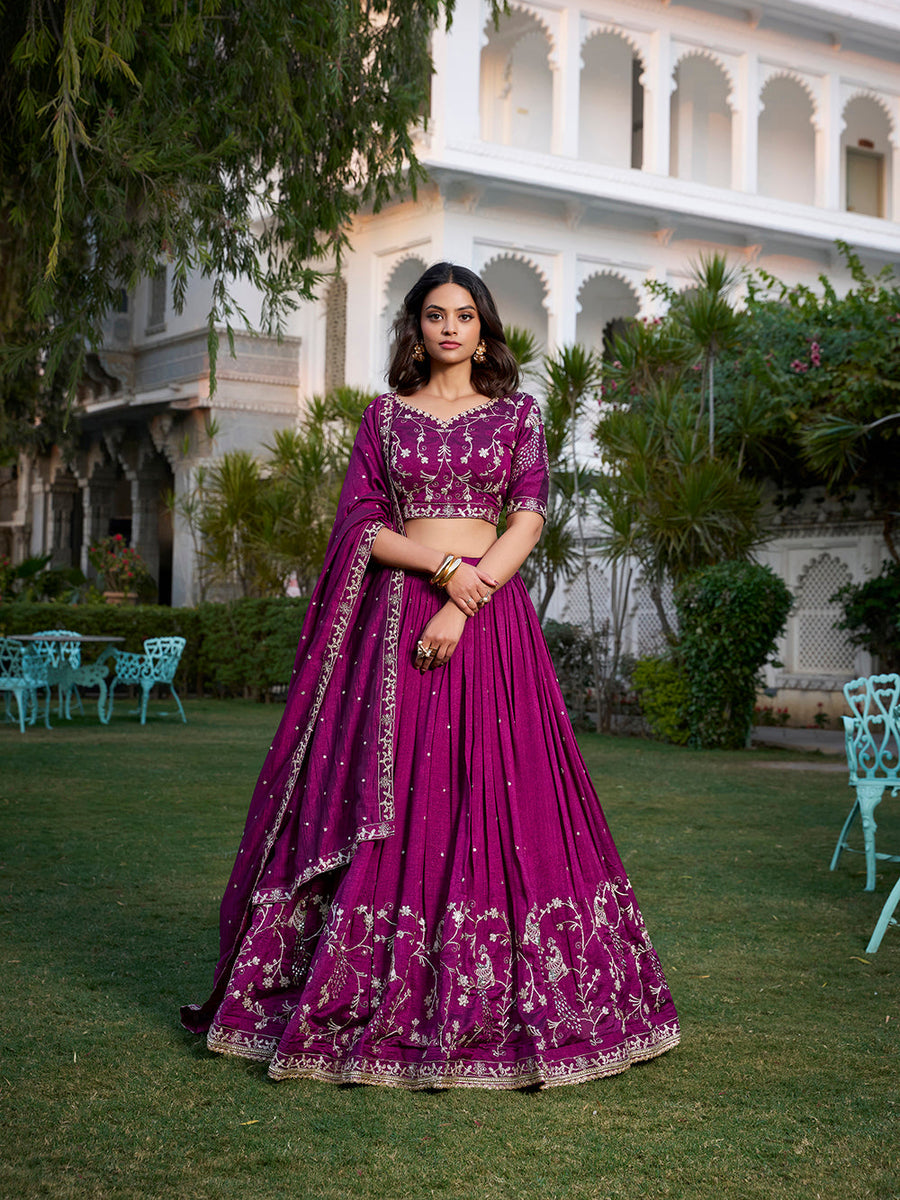Wine Color Sequins And Thread Embroidery Work Vichitra Silk Lehenga Choli