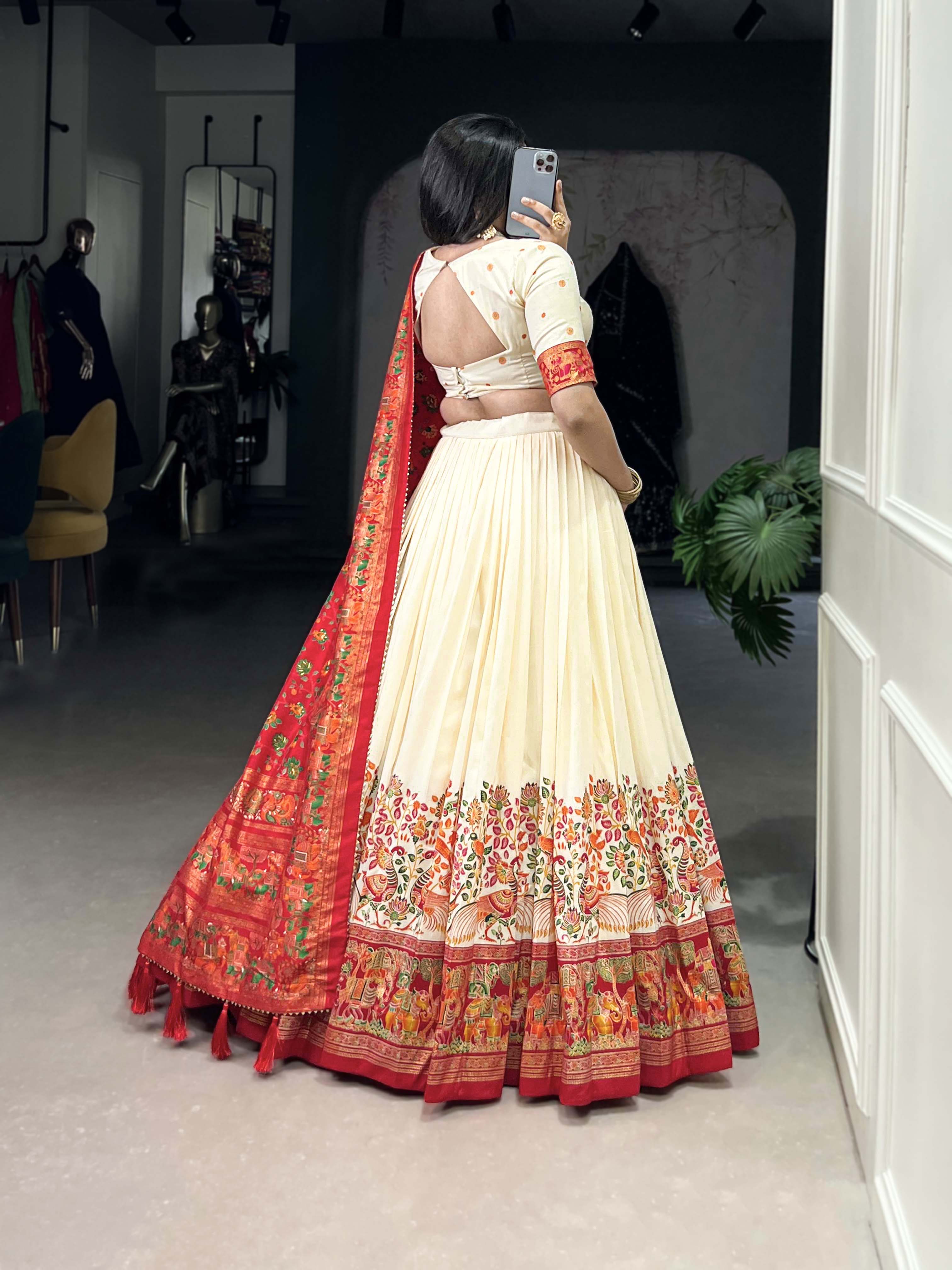 Off White Color Printed Foil Work Tussar Silk Lehenga Choli
