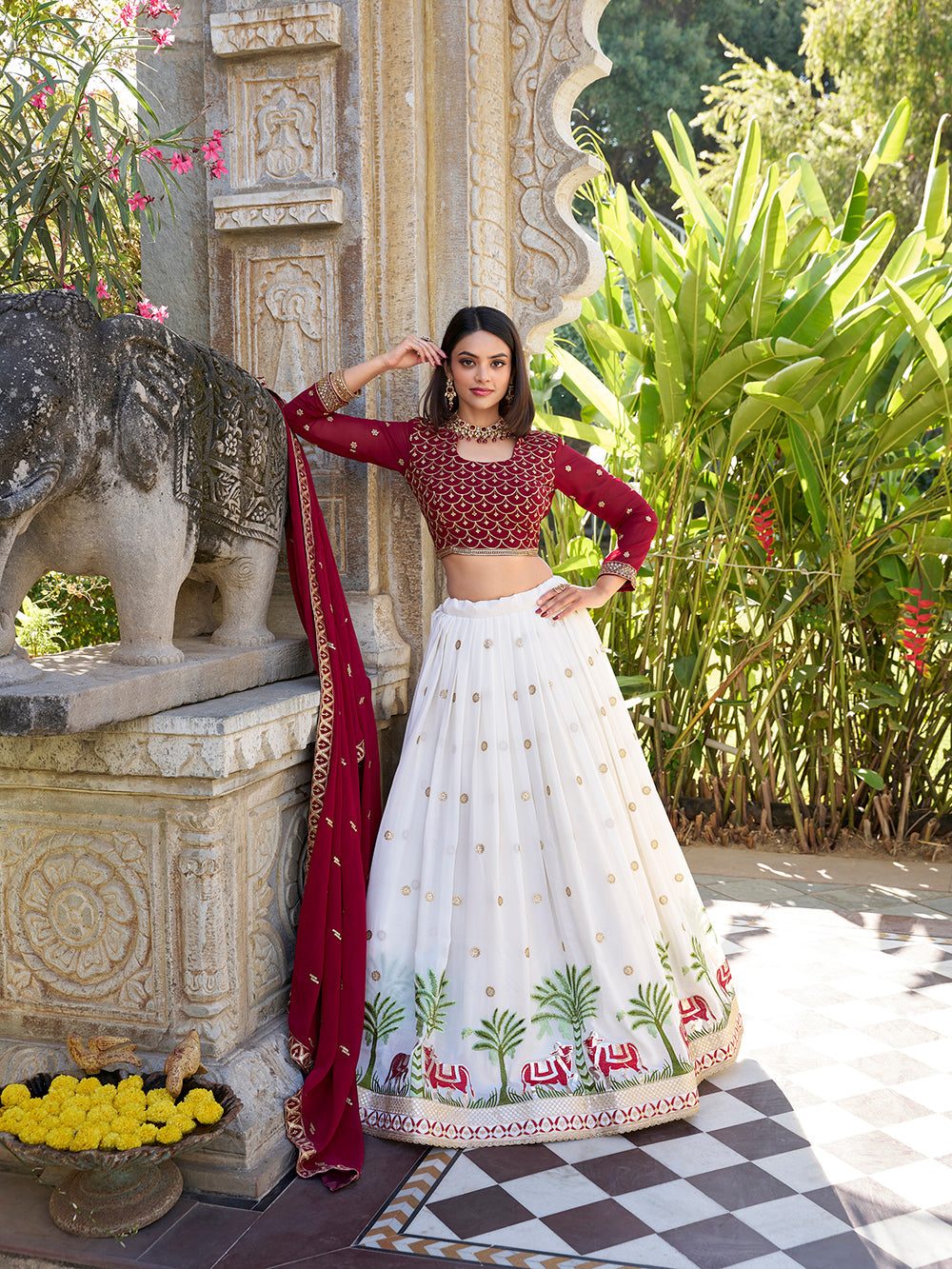 White Color Sequins And Thread Embroidery Work Georgette Lehenga Choli