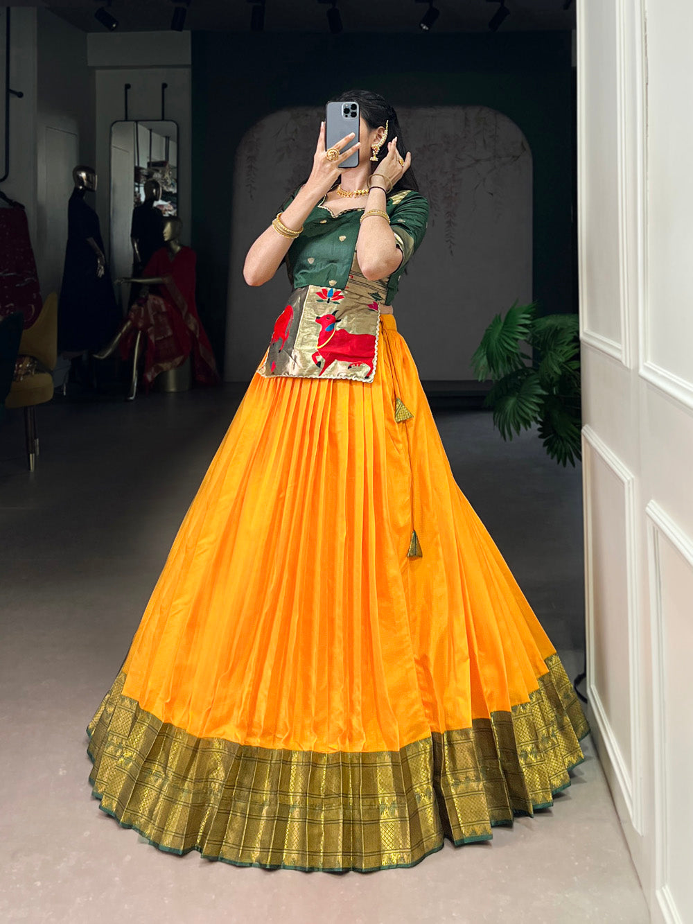 Mustard South Indian zari border lehenga choli
