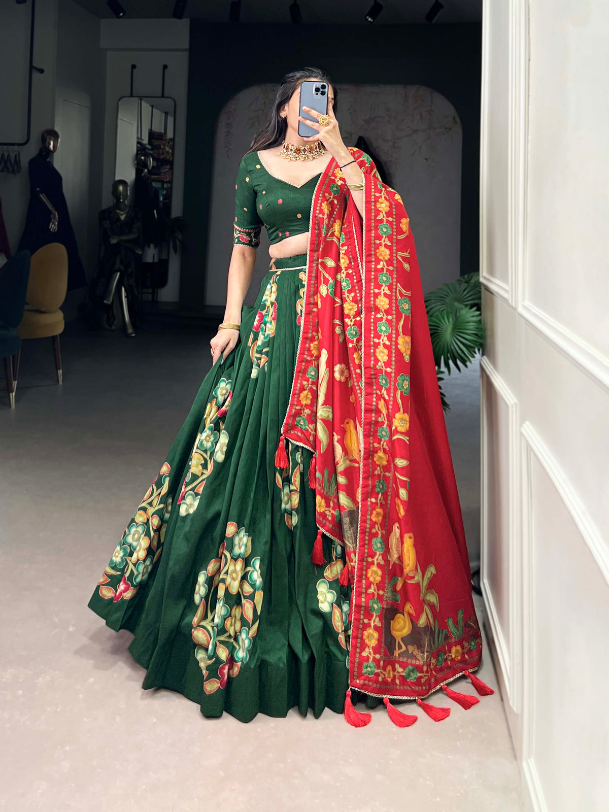 Green Color Printed And Foil Work Tussar Silk Lehenga Choli