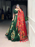 Green Color Printed And Foil Work Tussar Silk Lehenga Choli