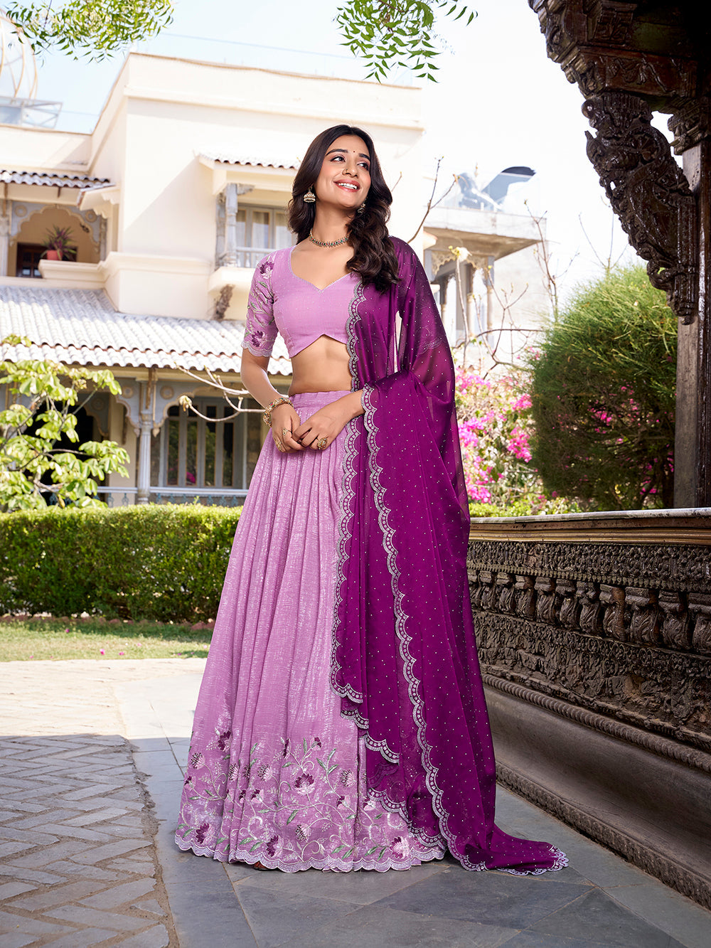 Lavender Color Sequins And Embroidery Work With Hotfix Silver Glossy Lehenga Choli
