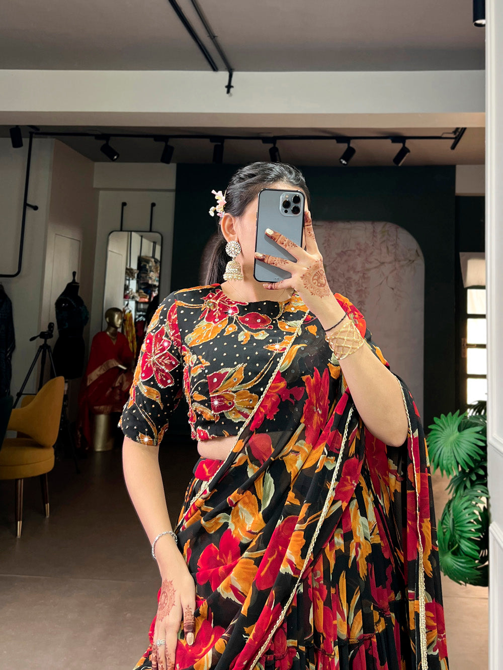 traditional black floral lehenga
