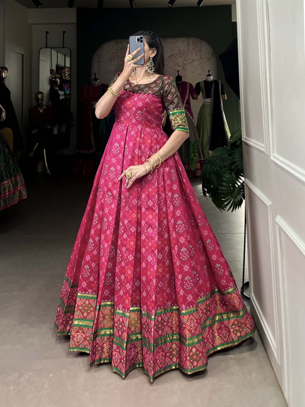Pink  Color Jacquard Silk Patola Print With Zari Weaving Work Gown