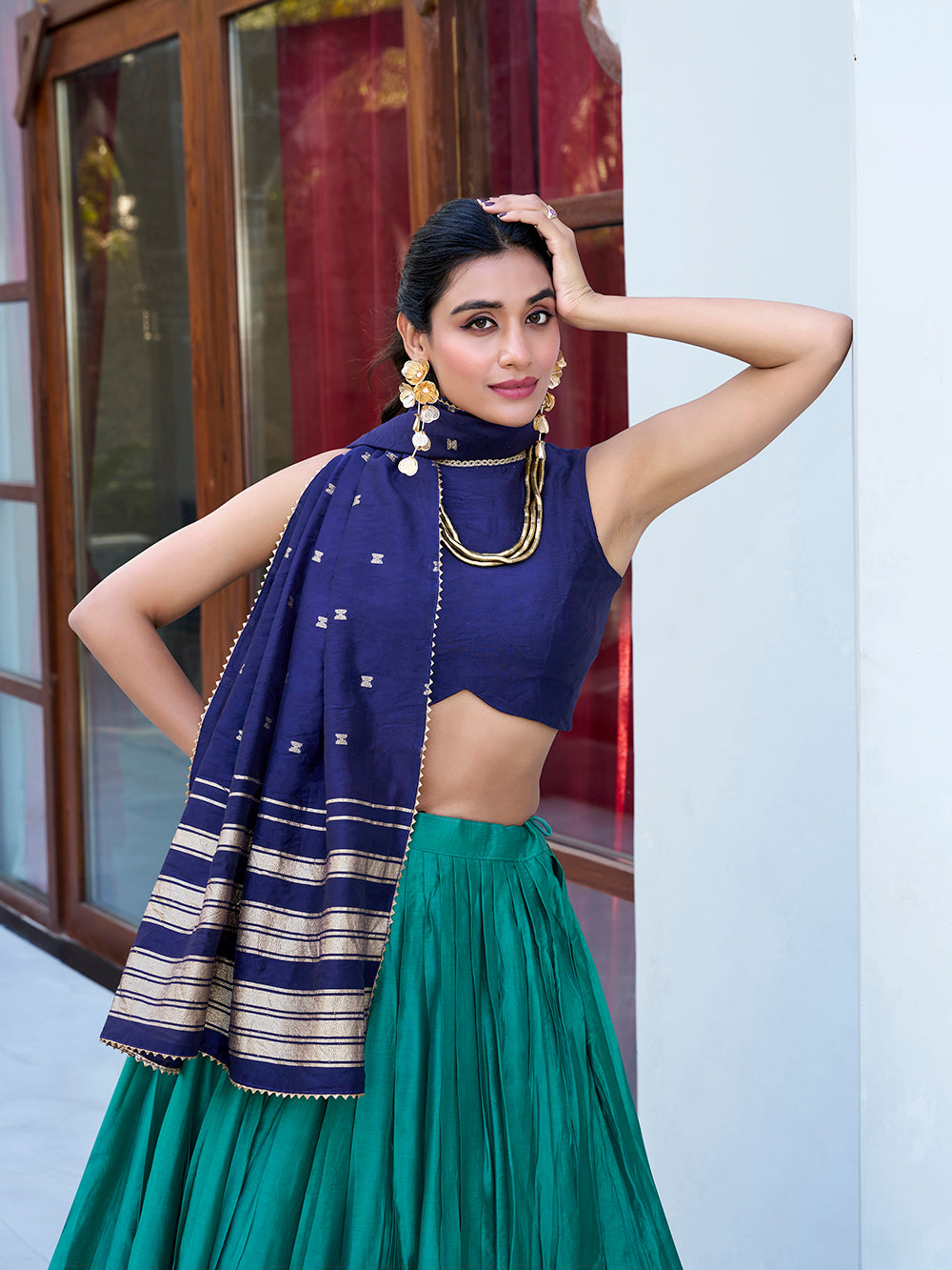 Firozi Color Plain With Zari Weaving Work border Pure Chanderi Lehenga Choli