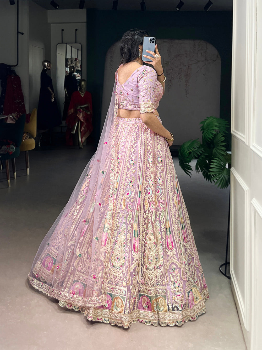 Lavender Net Lehenga with 3.5 Meter Flair