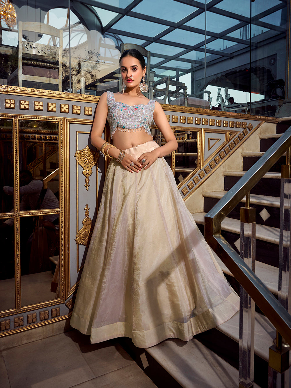 Cream Color Sequins And Thread Embroidery Work Gold Crush Lehenga Choli