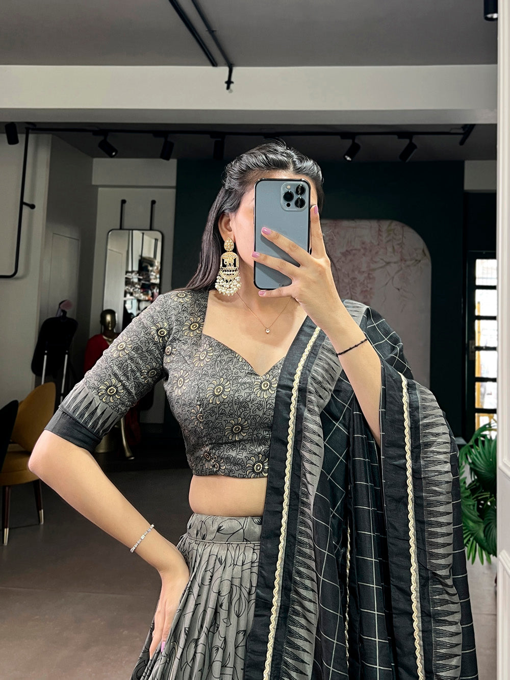 Gray Color Kalamkari Printed Lehenga Choli