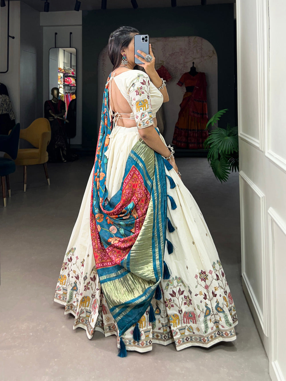 Peacock Design Sequins And Thread Embroidery Work Khadi Cotton Chaniya Choli