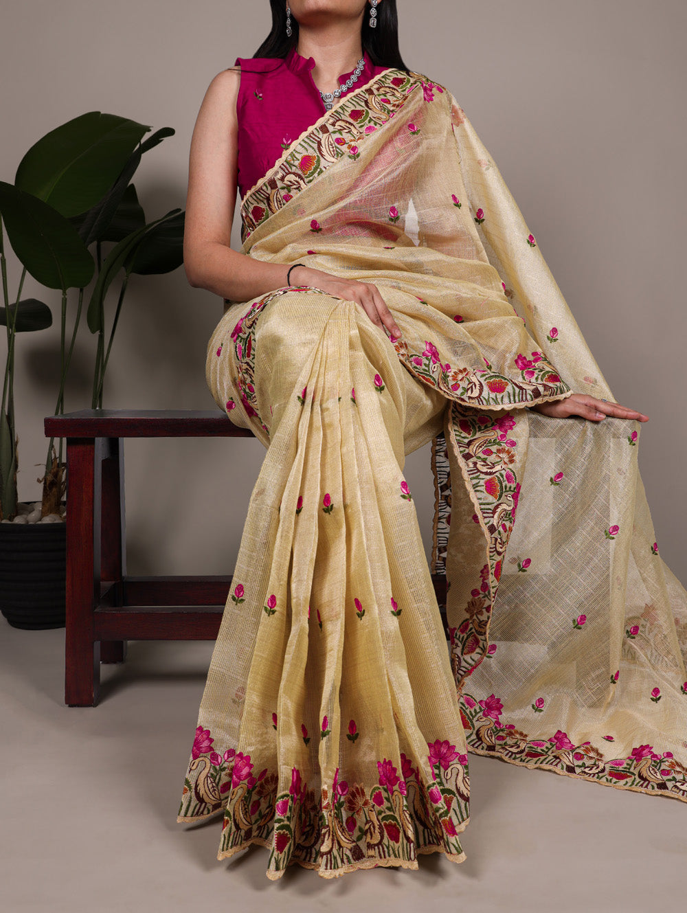 Gold zari kota tissue saree