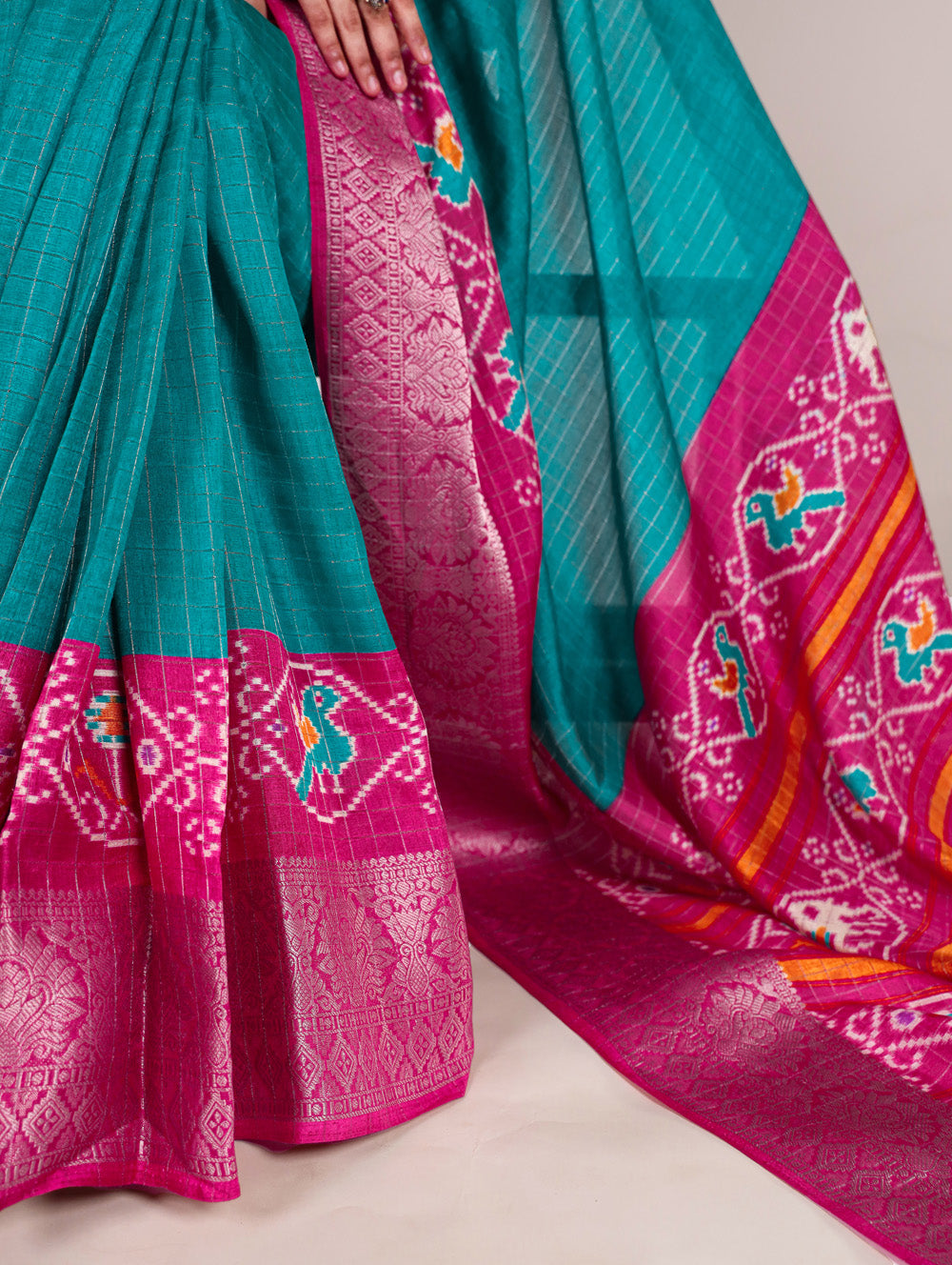 Firozi Color Patola Print With Weaving Work Tussar Chex Saree