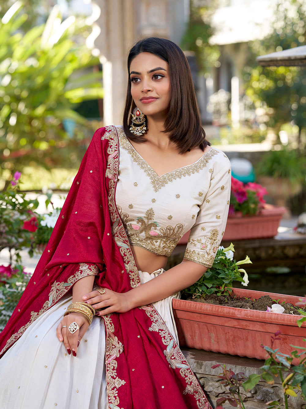 Off white Color Sequins And Thread Embroidery Work Vichitra Silk Lehenga Choli