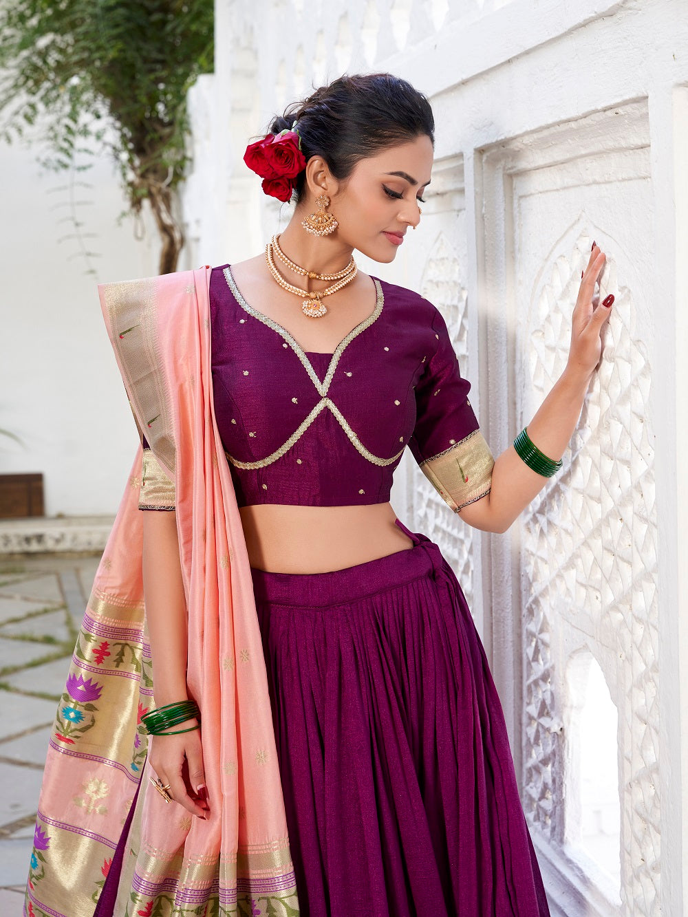 Wine Color Vichitra Silk Plain With Paithani Lace Border South Indian Lehenga Choli