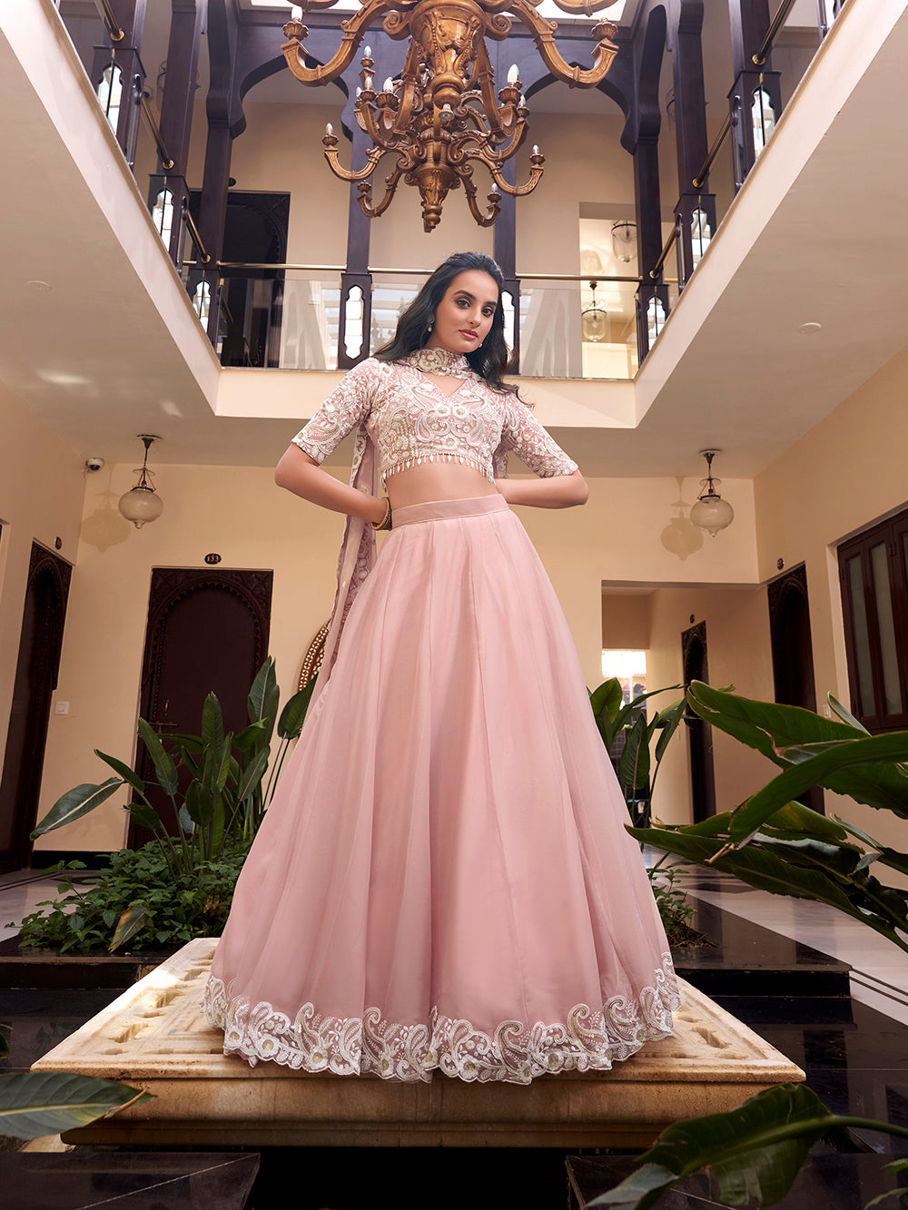 Blush pastel Weone silk lehenga with pearl coding