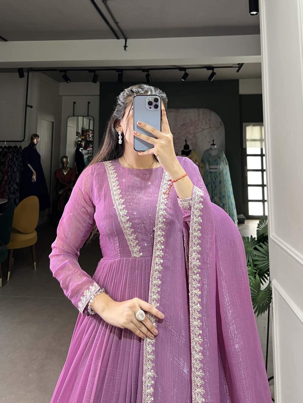 Lavender Color Hotfix With Sequince Lace Border Silver Glory Gown