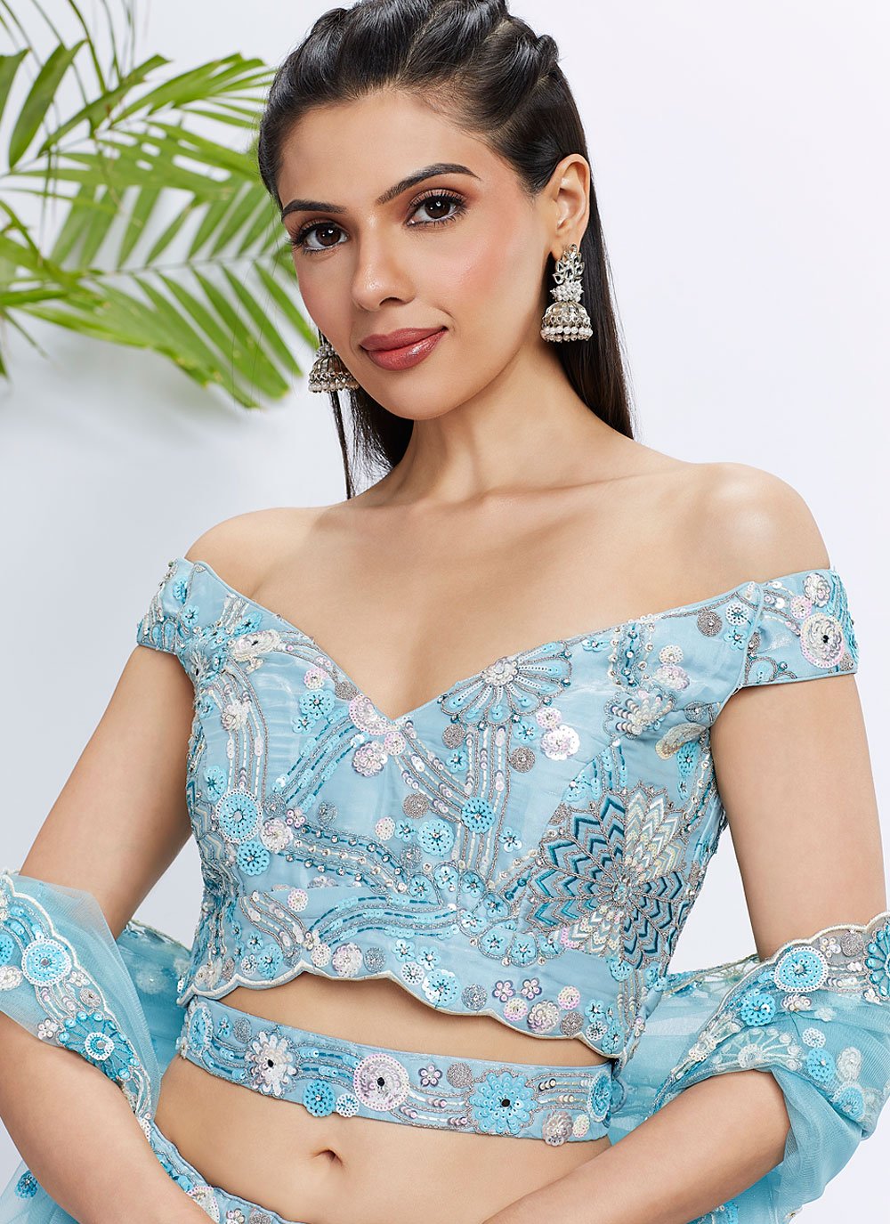 Whimsical Sky Organza Zarkan and Thread Work Bridesmaid Lehenga