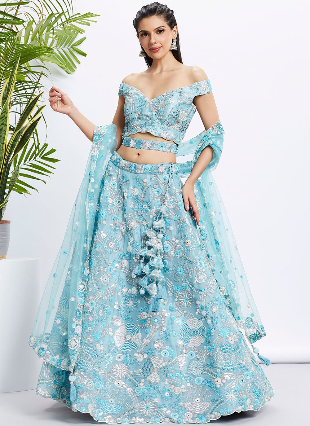 Whimsical Sky Organza Zarkan and Thread Work Bridesmaid Lehenga