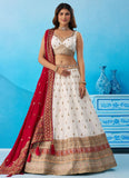 White Chinnon Silk wedding lehenga with sequins, thread and zari embroidery featuring a 4-metre flared silhouette.