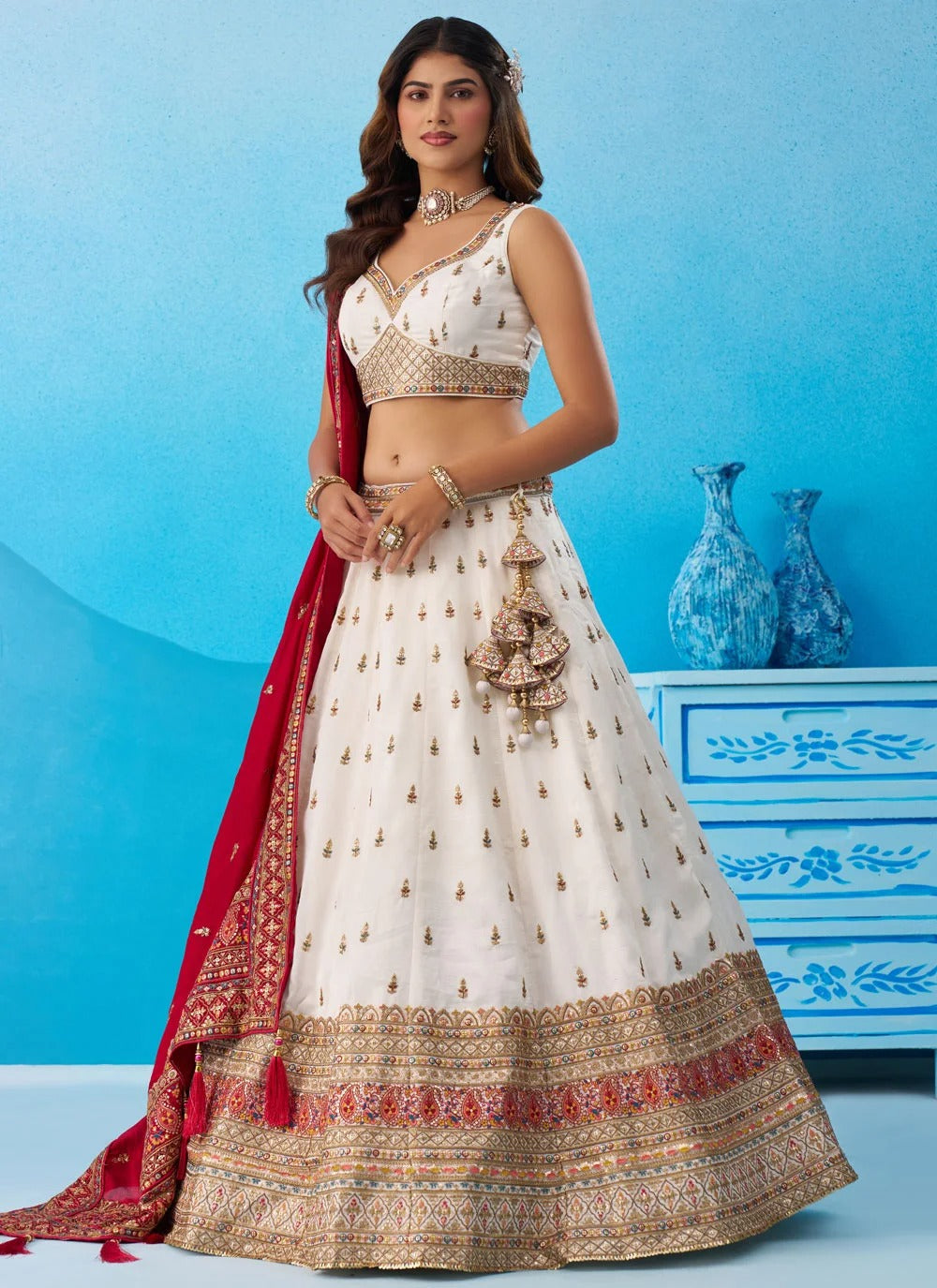 White Chinnon Silk Wedding Lehenga | Designer Embroidered Lehenga
