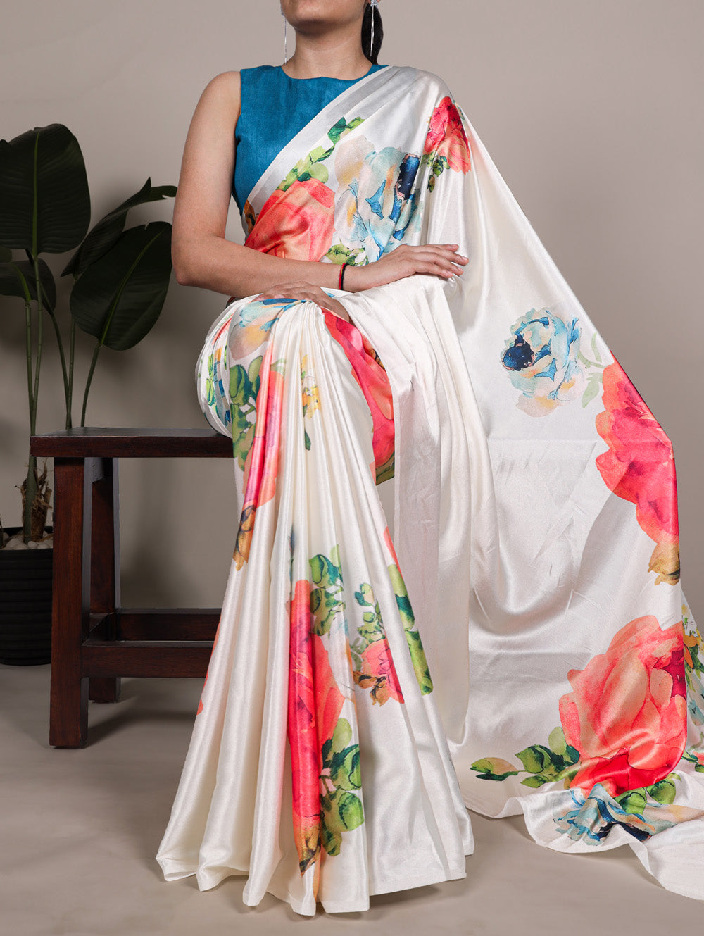 White floral printed satin silk saree