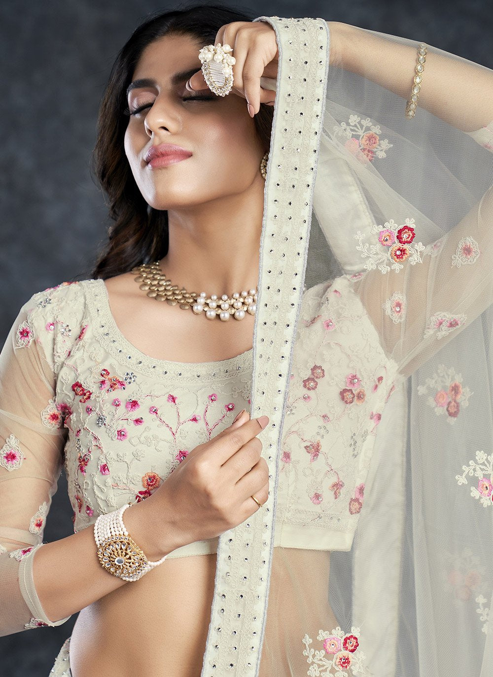 White Color Silk Diamond and Sequins Embroidered Lehenga