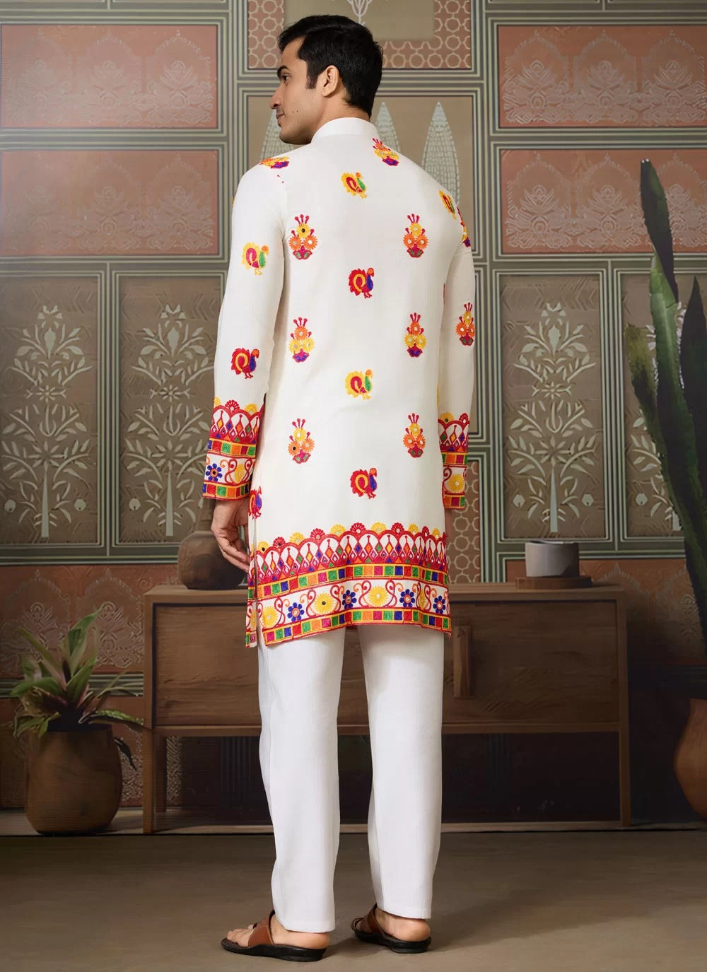 Traditional White Festive Kurta for Men with Embroidery